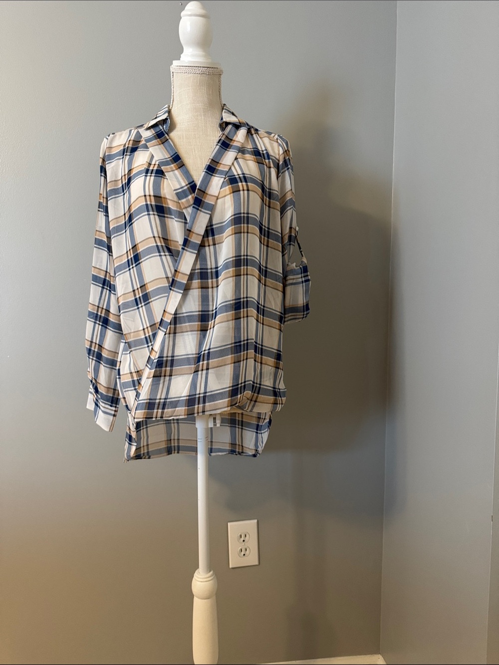 Plaid Button-Front Wrap Shirt in Blue and Cream